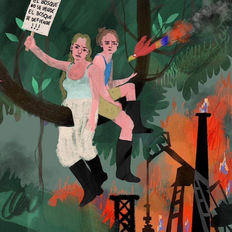 Tegning av to jenter som sitter på en gren i en regnskog med oljeutvinning i bakgrunnen. Illustrasjon.